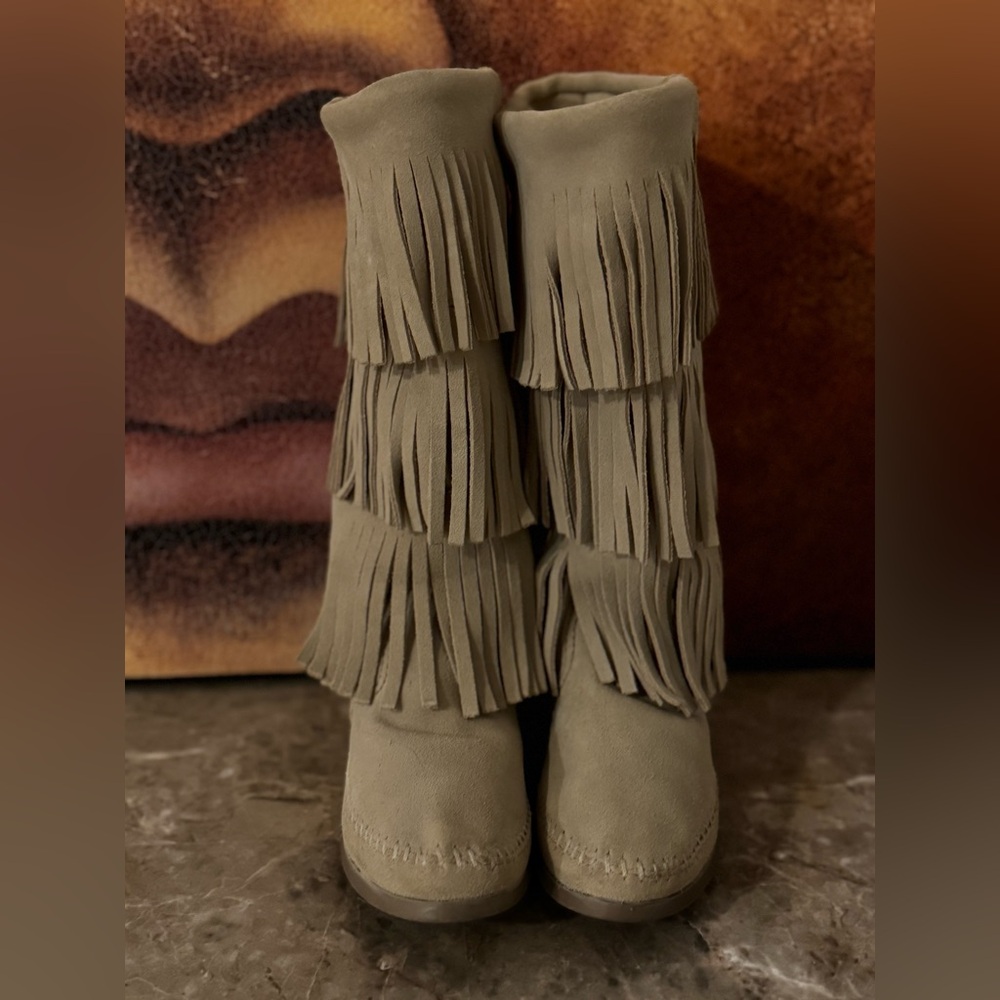 Minnetonka Over the Knee Fringe Boots - Taupe